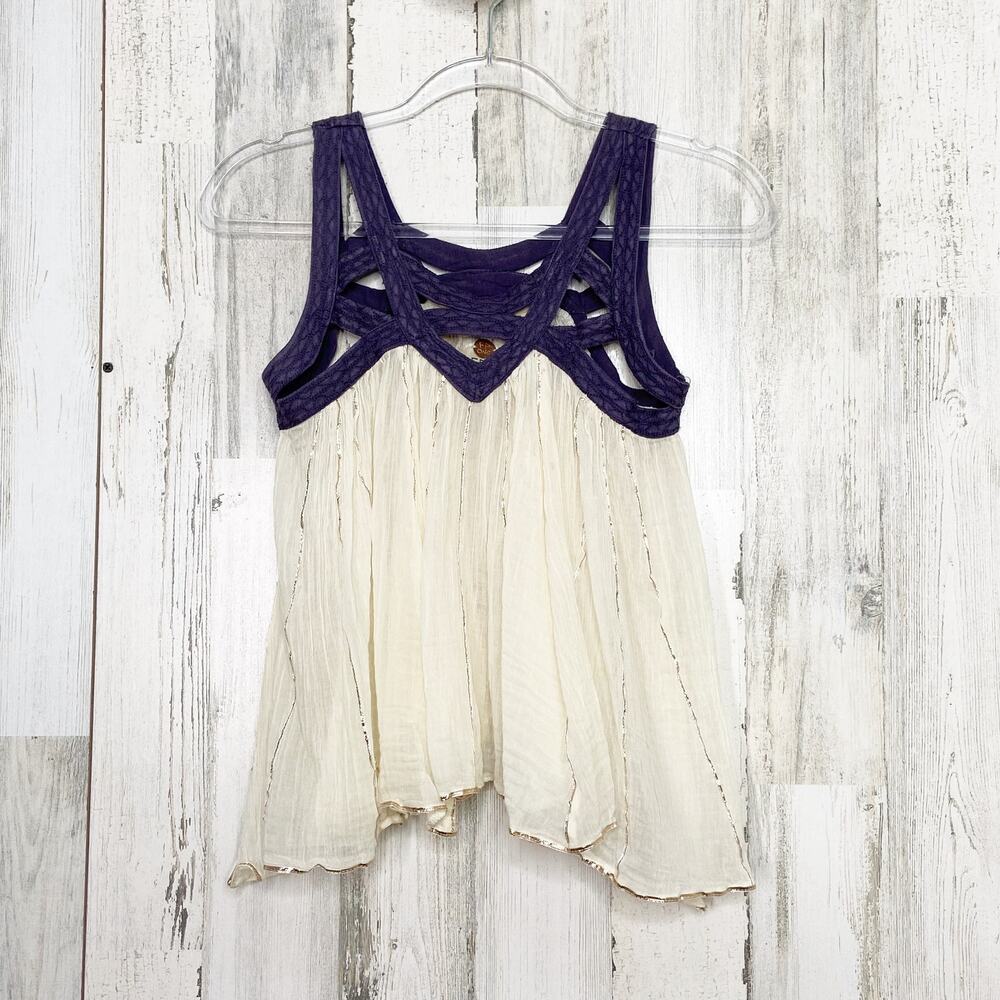 Free People One Latticed Lurex Cami Tank Top Cream Purple Boho Fairy Size XS